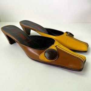 Vintage Miu Miu Square Toe Mules - Retro Yellow/Brown Calf Leather Size 7.5 37.5